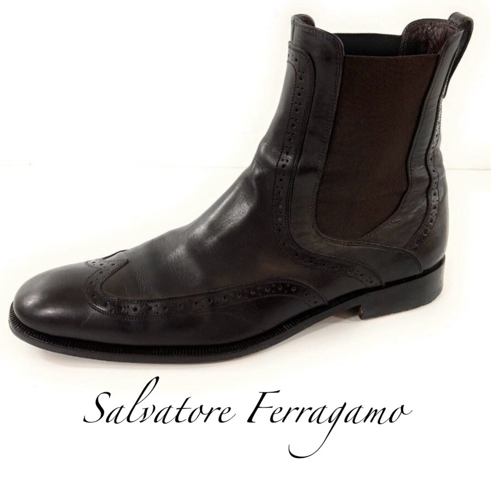 Salvatore Ferragamo Men's Classic Chelsea Black Leather Dress Boots 9-1/2 EE